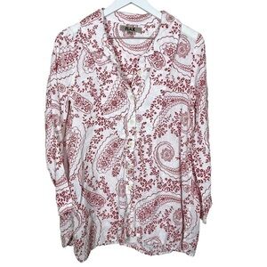 FLAX Womens Lagenlook 100% Linen White Red Paisely Button Shirt Size P (XS)